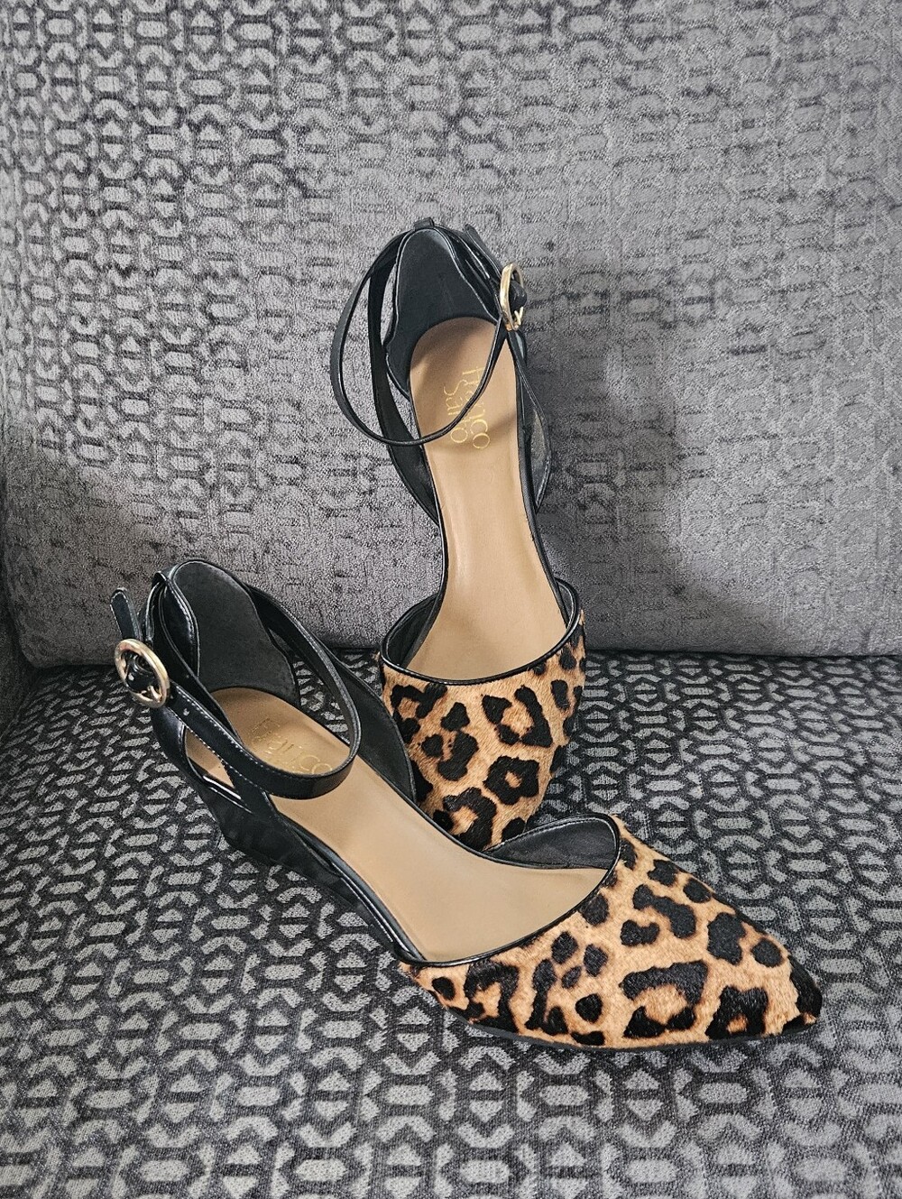 Franco Sarto Leopard Print Ankle-Strap Heel, 2" Heel, Sz 8.5, Like New